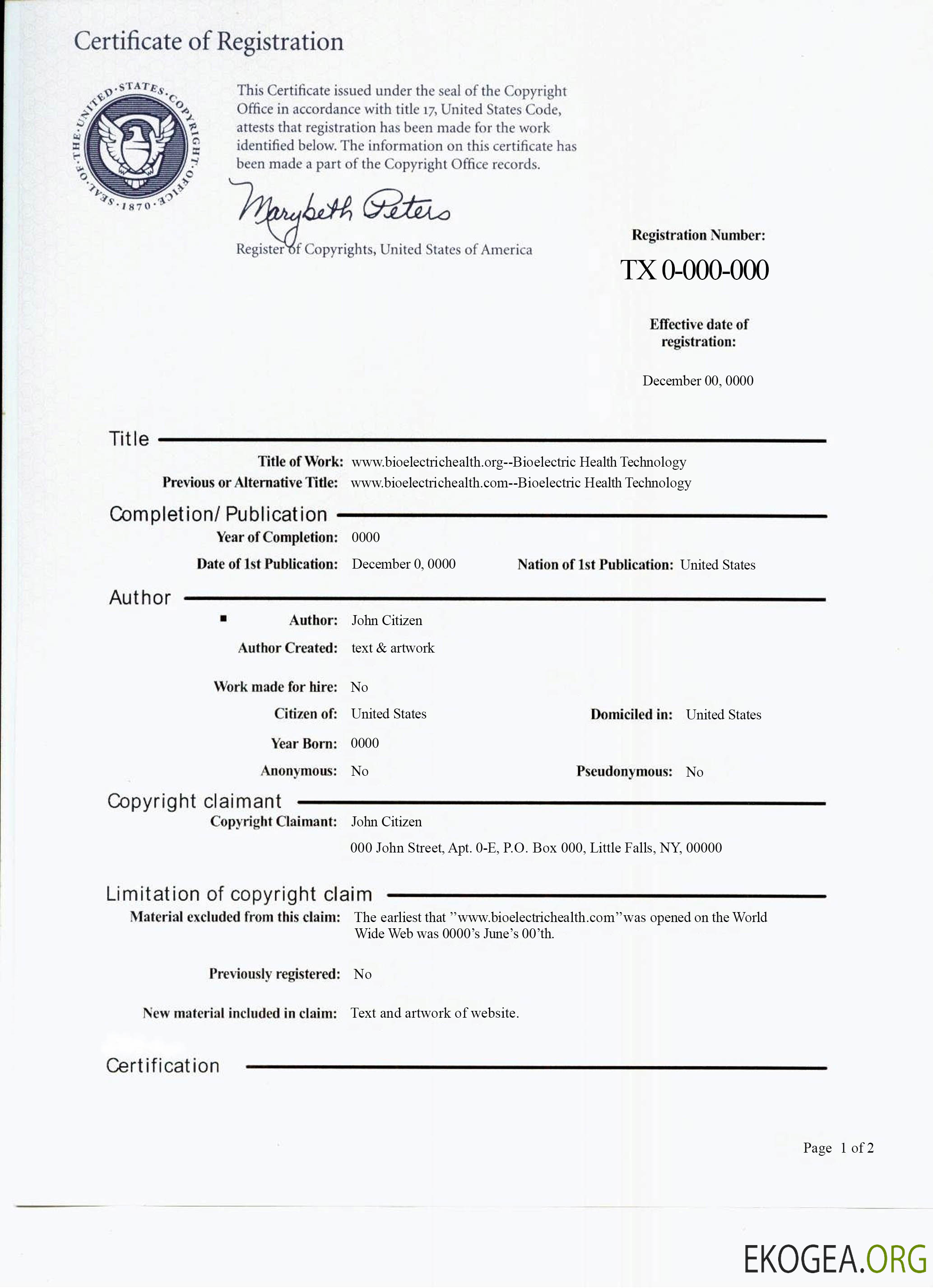 Certificat d'immatriculation aux États Unis